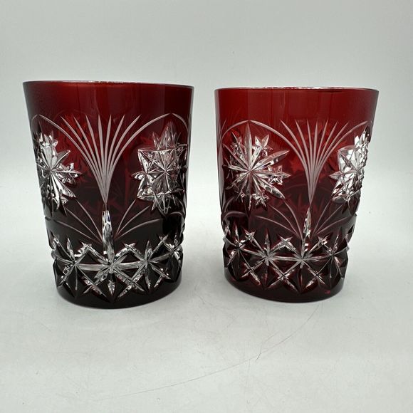 2 Bohemian AJKA Crystal Ruby Red Etched Glasses Snowflake Winter Holiday RARE - Picture 4 of 13